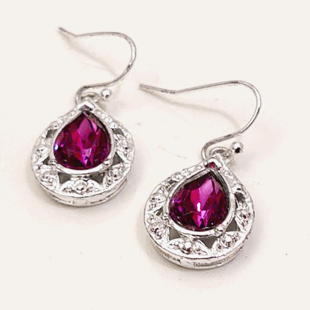 Vintage Costume Amethyst & Diamond Drop Earrings